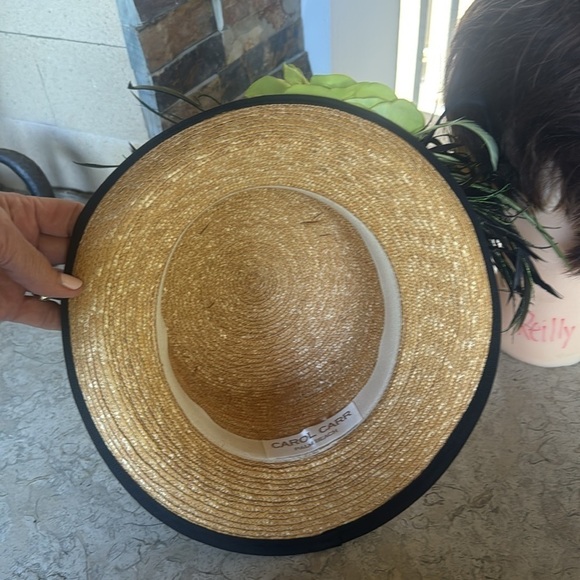 Carol Carr Palm Beach Elegant Tan Straw Hat with green black feathers big flower main image 4